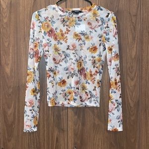 Forever 21 White Floral Sheer Mesh Long Sleeve Top
